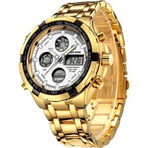 Stainless Steel Analog Digital Watches for Men Sport Waterproof Wristwatch-Gold